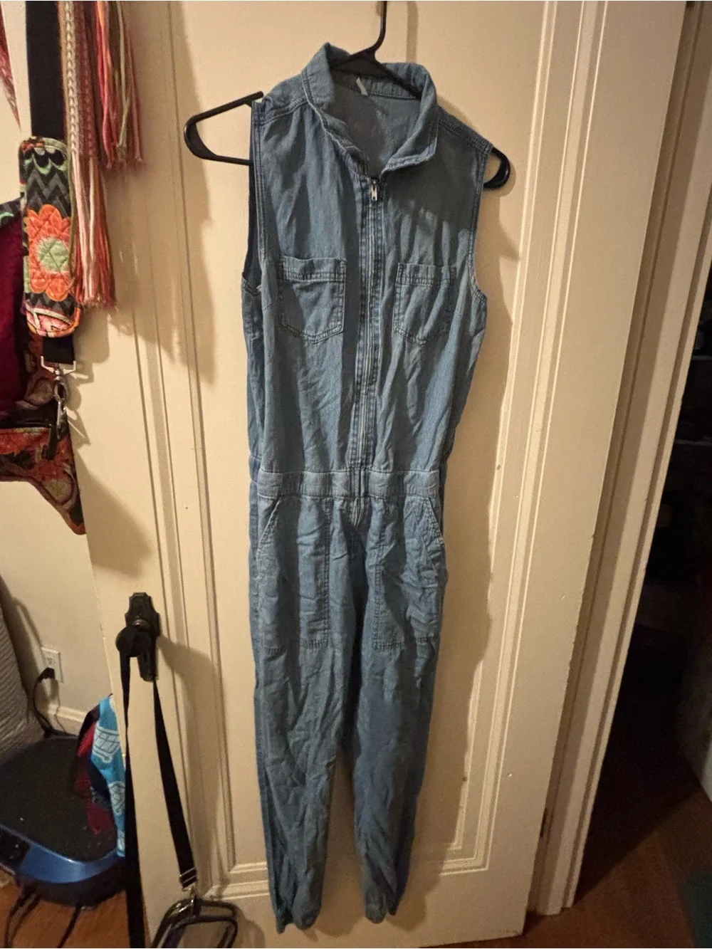 Sleeveless Light Blue Denim Jumpsuit with Front Zip small - Picture 2 of 12